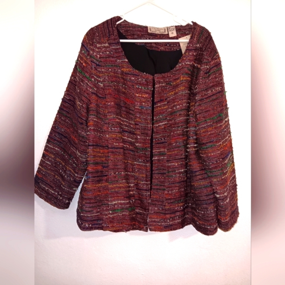 Life Style women's jacket size 2X NWT tweed burgundy multicolored